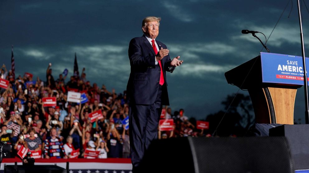 PHOTO: Former President Donald Trump arrives at the Sarasota Fairgrounds to speak to his supporters during the Save America Rally in Sarasota, Fla., July 3, 2021.