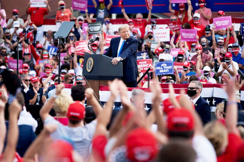 PHOTO: President Donald Trump speaks at a rally held at Pitt-Greenville Airport in Greenville, N.C., Oct. 15, 2020.