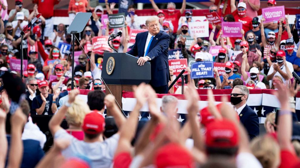 PHOTO: President Donald Trump speaks at a rally held at Pitt-Greenville Airport in Greenville, N.C., Oct. 15, 2020.
