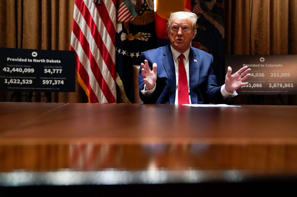 PHOTO: President Donald Trump speaks during a meeting with North Dakota Gov. Doug Burgum, and Colorado Gov. Jared Polis, in the Cabinet Room of the White House, Wednesday, May 13, 2020, in Washington.