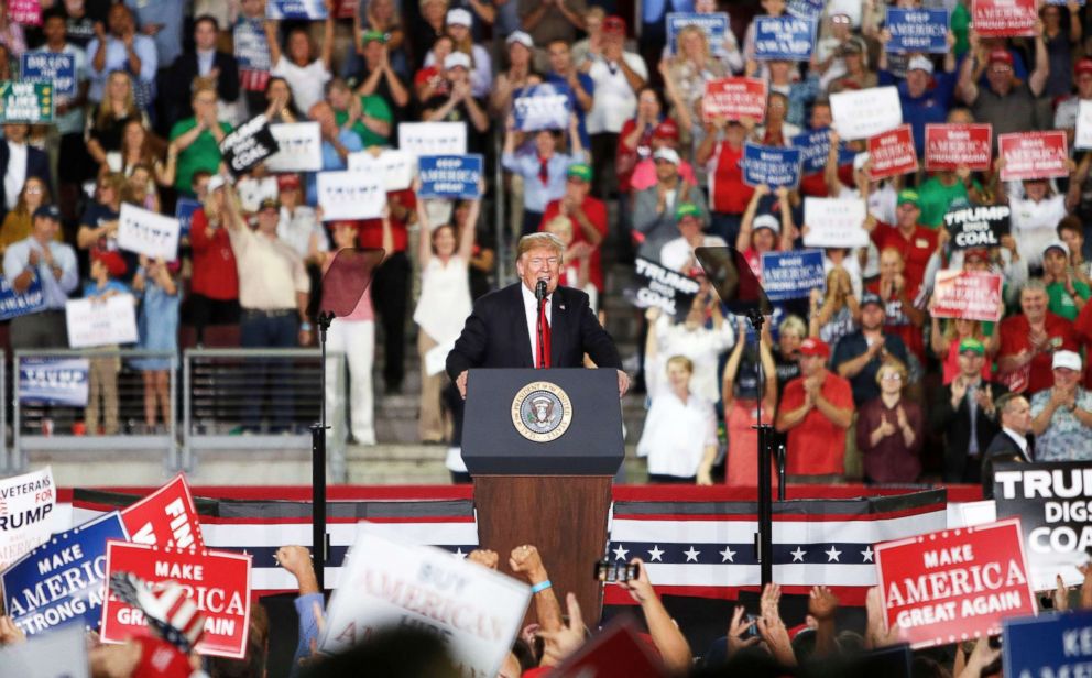 PHOTO: President Donald Trump speaks to supporters during a rally in Erie, Pa., Oct. 10, 2018.