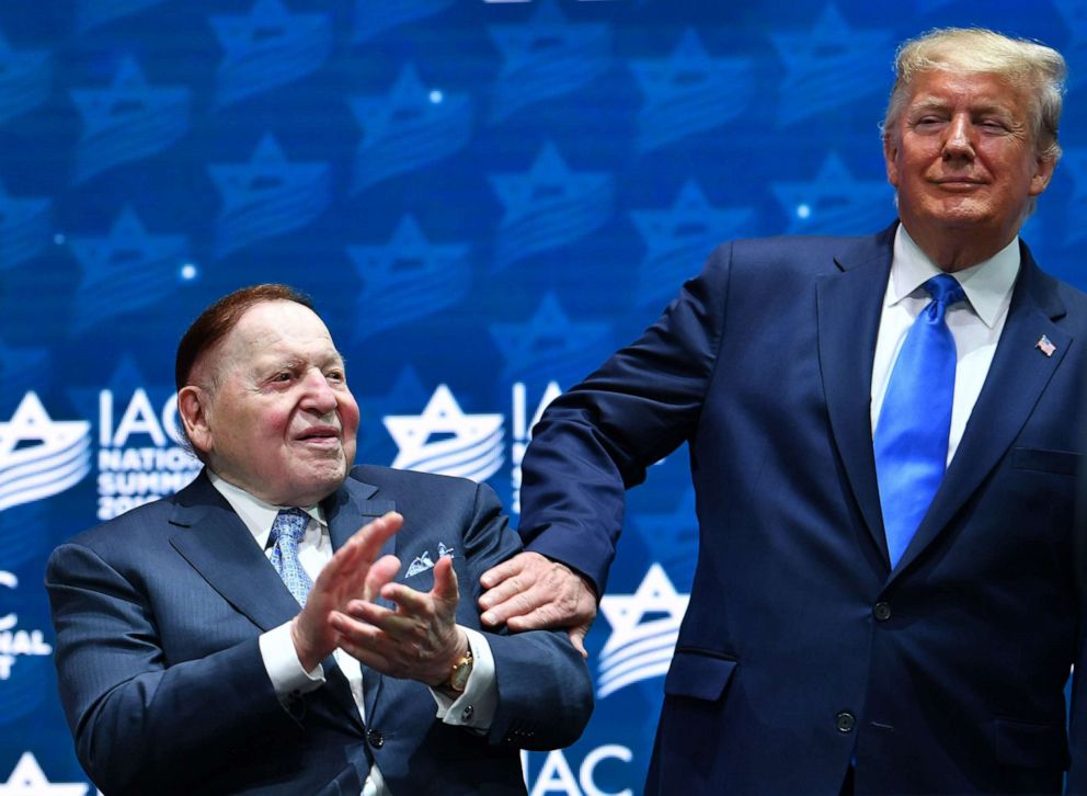 PHOTO: President Donald Trump stands on stage with Chief Executive Officer of Las Vegas Sands Sheldon Adelson ahead of his address to the Israeli American Council National Summit 2019 at the Diplomat Beach Resort in Hollywood, Fla., Dec. 7, 2019.