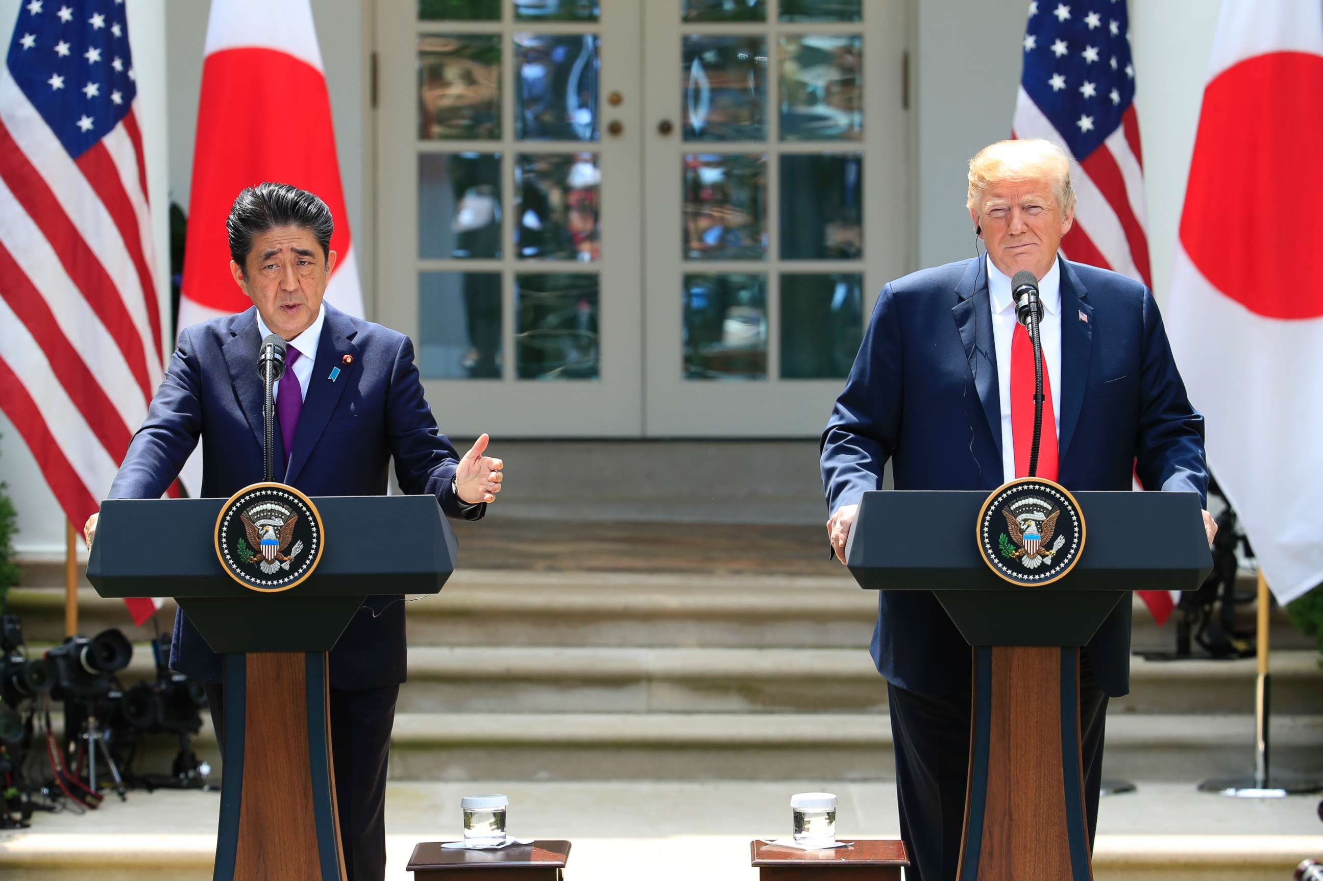 PHOTO: Japanese Prime Minister Shinzo Abe with President Donald Trump speaks during a news conference in the Rose Garden at the White House in Washington, June 7, 2018.
