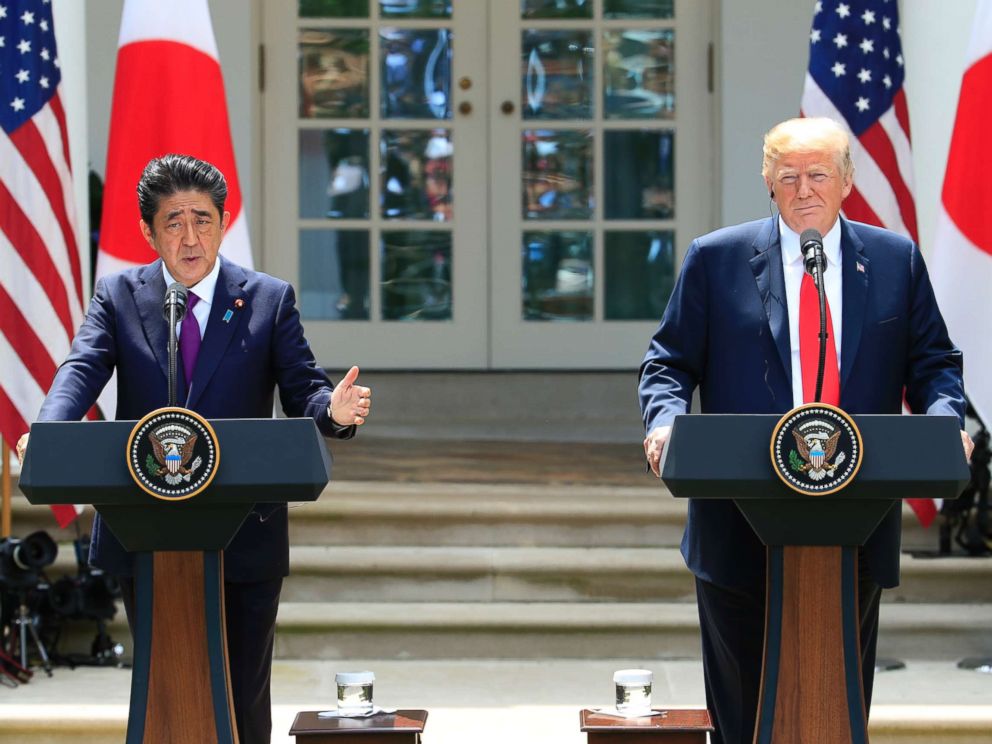 PHOTO: Japanese Prime Minister Shinzo Abe with President Donald Trump speaks during a news conference in the Rose Garden at the White House in Washington, June 7, 2018.