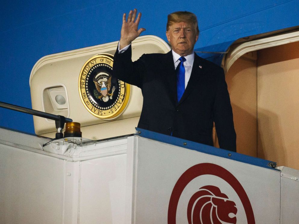 PHOTO: President Donald Trump arrives at Paya Lebar Air Base for a summit with North Korean leader Kim Jong Un, June 10, 2018, in Singapore.
