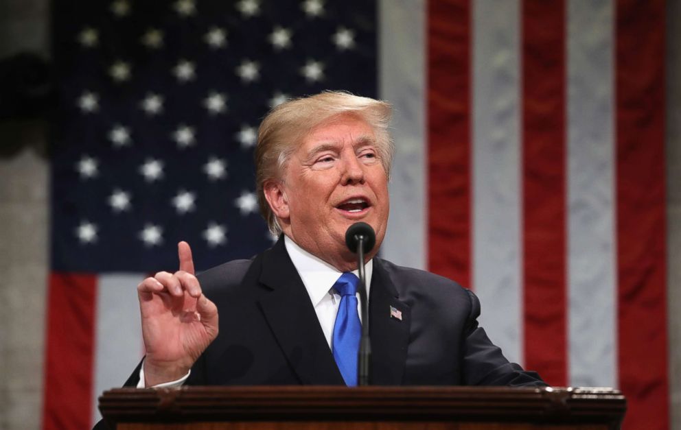 PHOTO: President Donald Trump gestures during the State of the Union address in the chamber of the U.S. House of Representatives in Washington, Jan. 30, 2018.