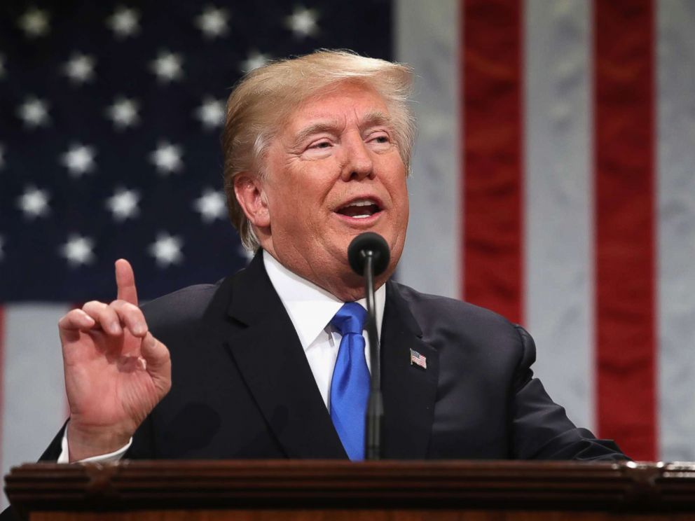 PHOTO: President Donald Trump gestures during the State of the Union address in the chamber of the U.S. House of Representatives in Washington, Jan. 30, 2018.