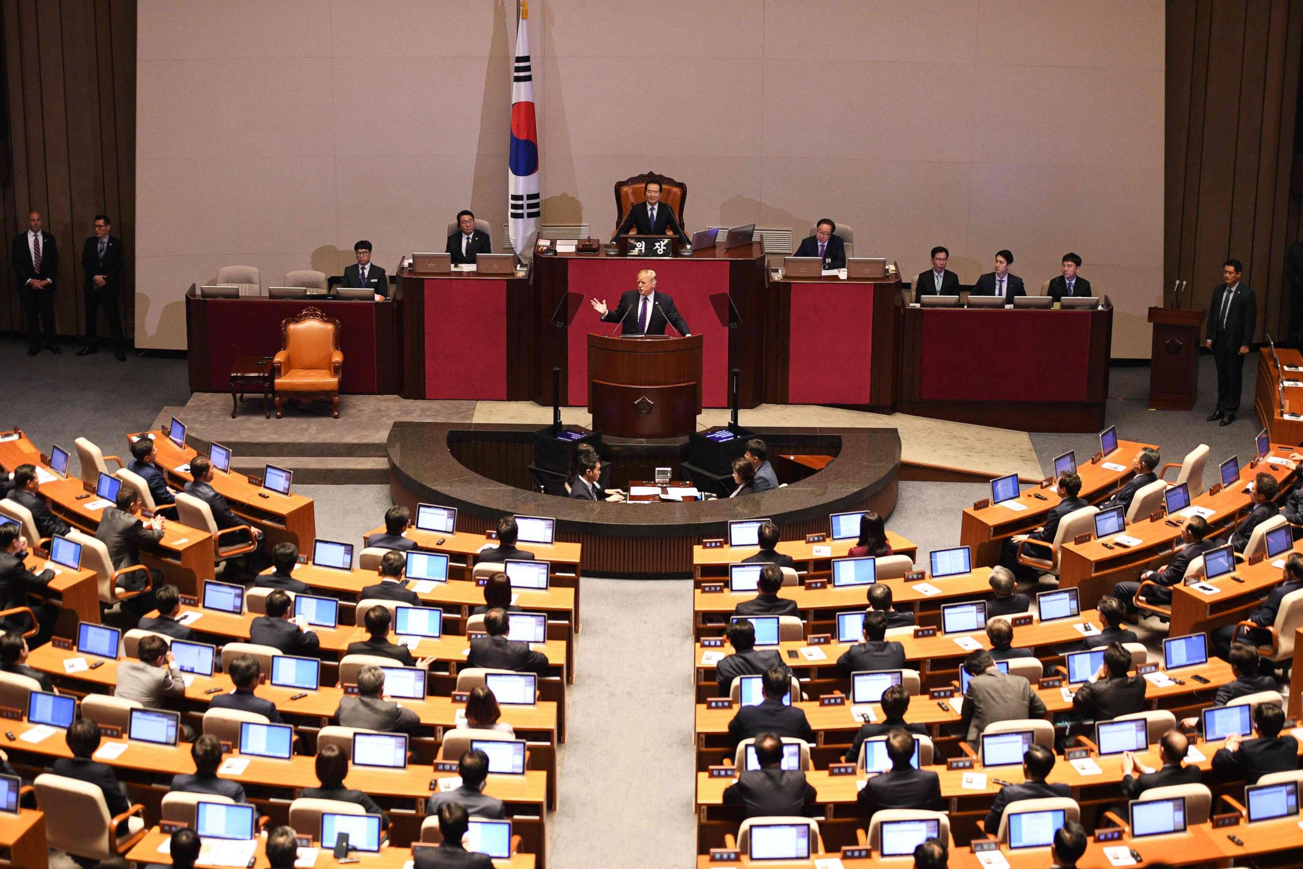 PHOTO: President Donald Trump addresses the National Assembly in Seoul, South Korea, Nov. 8, 2017.