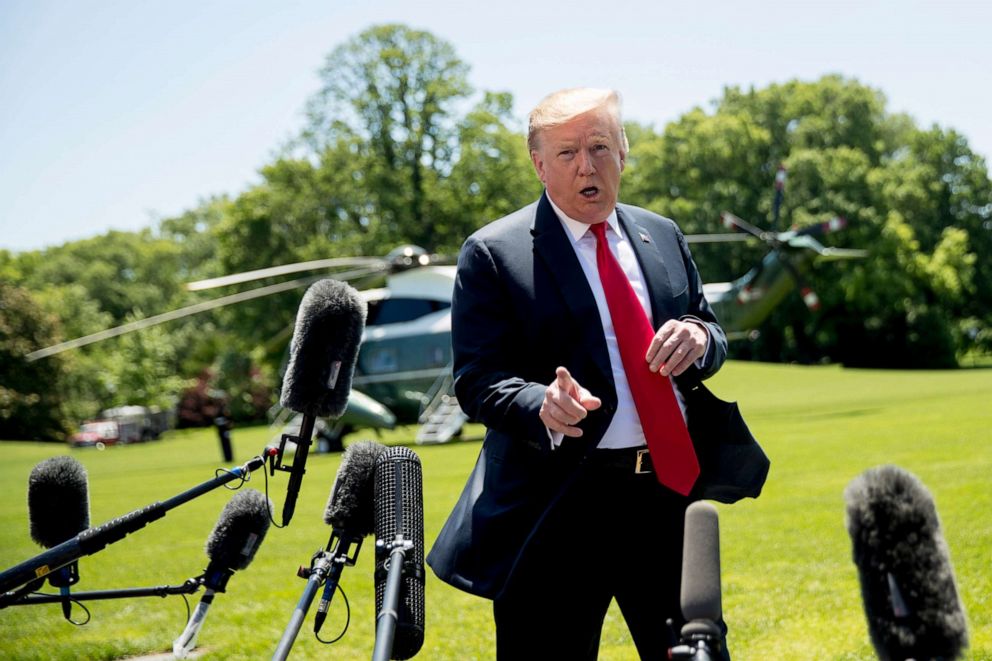 PHOTO: President Donald Trump speaks to members of the media on the South Lawn of the White House in Washington, May 24, 2019.
