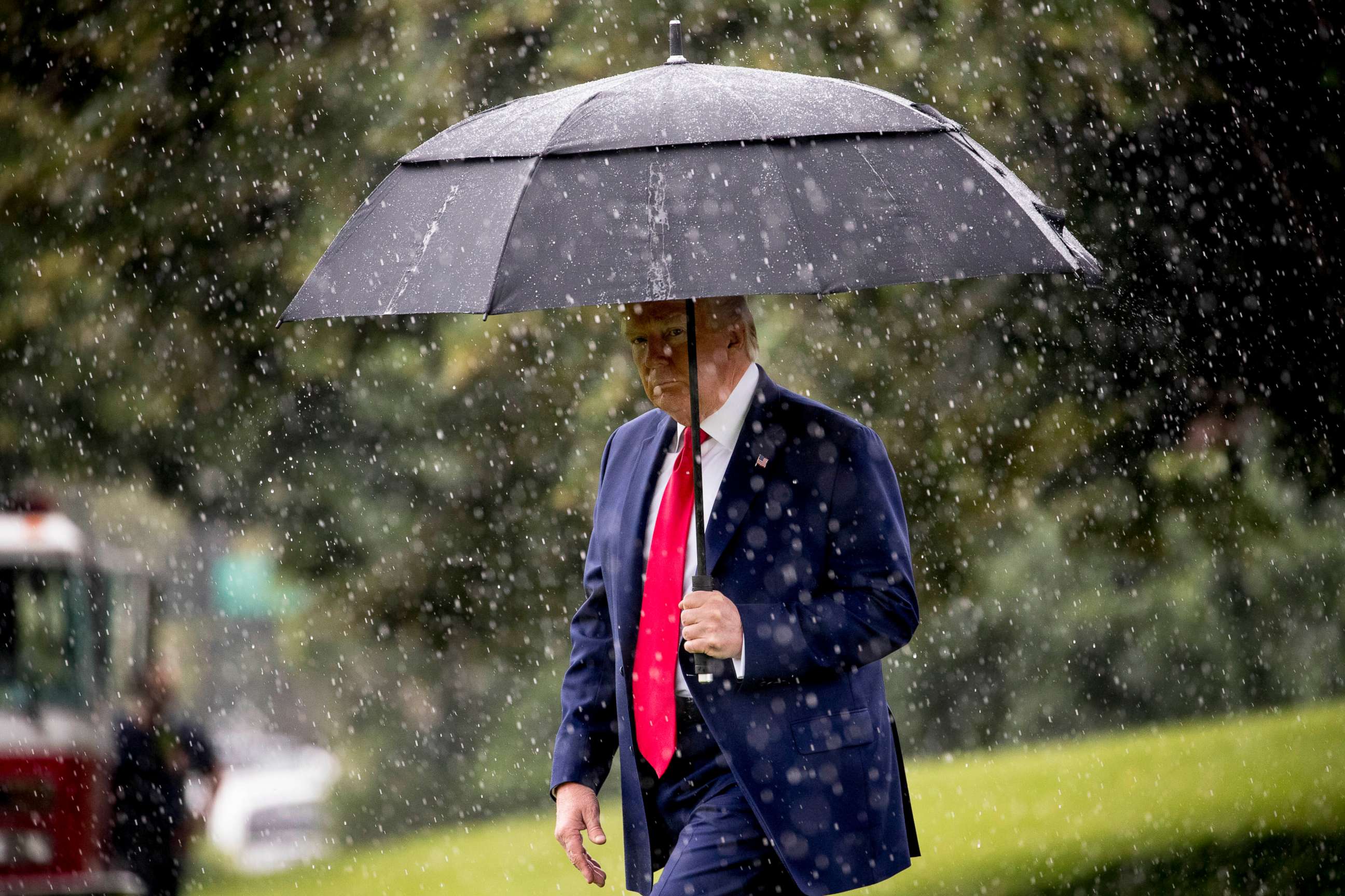 PHOTO: President Donald Trump walks across the South Lawn of the White House in Washington, June 11, 2020, to board Marine One for a short trip to Andrews Air Force Base, Md., and then on to Dallas for a fundraiser.