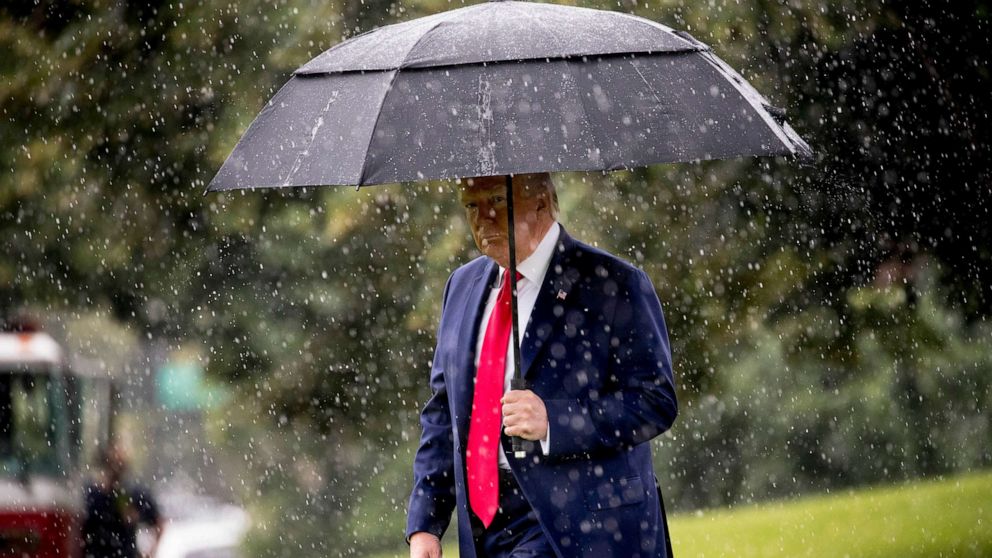 PHOTO: President Donald Trump walks across the South Lawn of the White House in Washington, June 11, 2020, to board Marine One for a short trip to Andrews Air Force Base, Md., and then on to Dallas for a fundraiser.