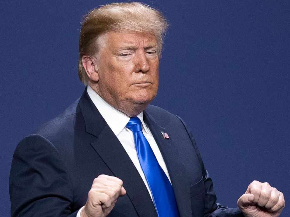 PHOTO: President Donald Trump gestures to the crowd after he delivered a speech during a Republican Jewish Coalition meeting in Las Vegas, April 6, 2019.