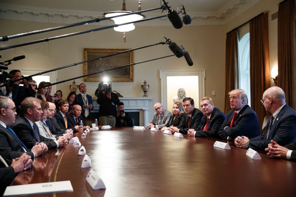 PHOTO: President Donald Trump speaks during a meeting with steel and aluminum executives in the Cabinet Room of the White House, March 1, 2018, in Washington. 