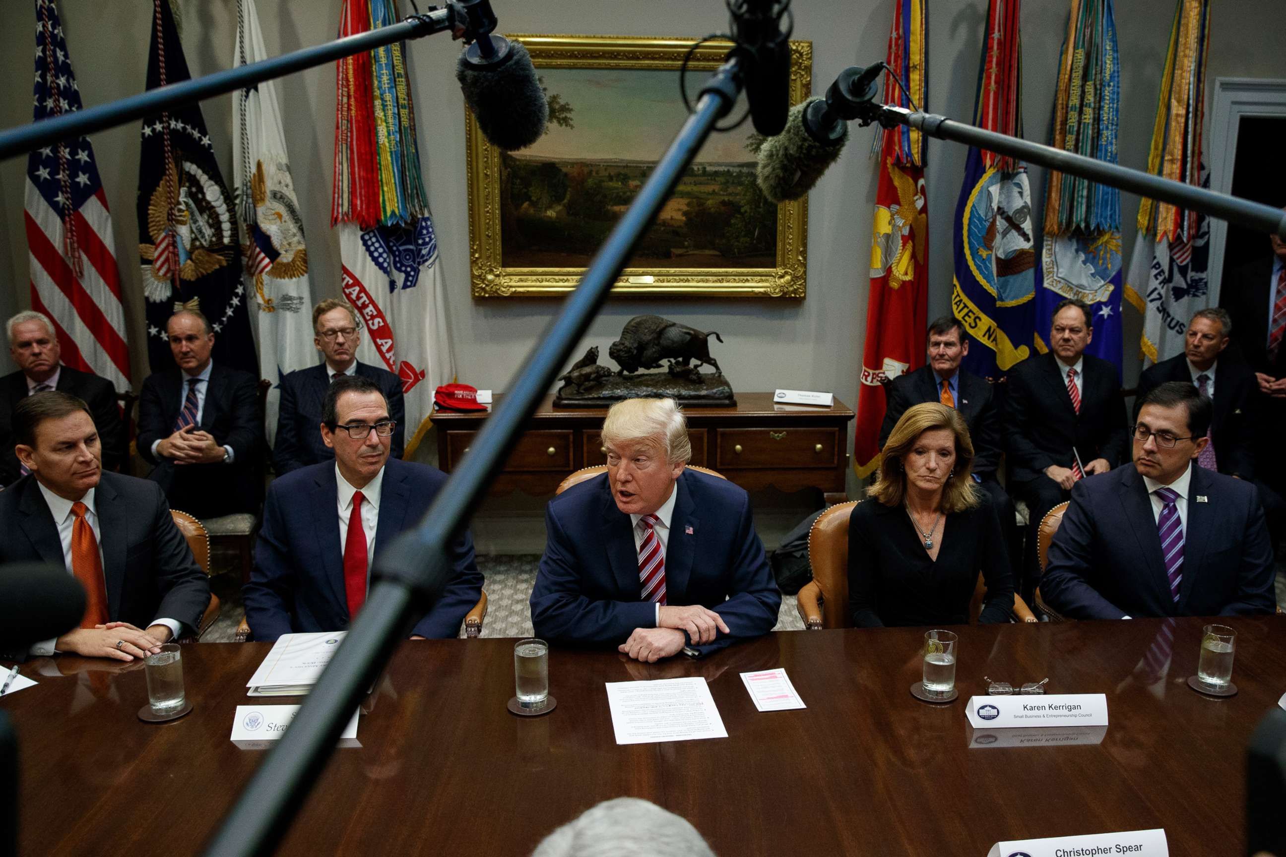 PHOTO: President Donald Trump speaks during a meeting on tax policy with business leaders in the Roosevelt Room of the White House, Oct. 31, 2017, in Washington.