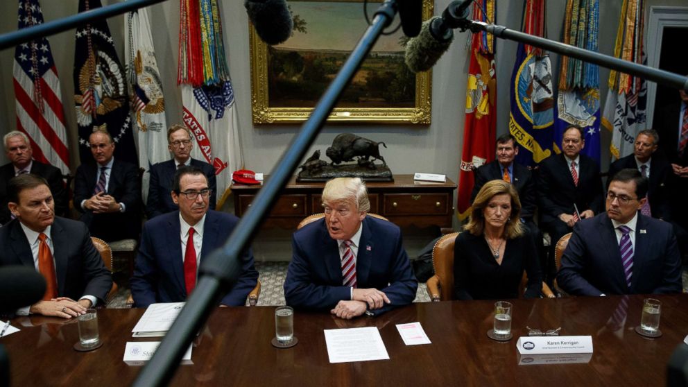 PHOTO: President Donald Trump speaks during a meeting on tax policy with business leaders in the Roosevelt Room of the White House, Oct. 31, 2017, in Washington.