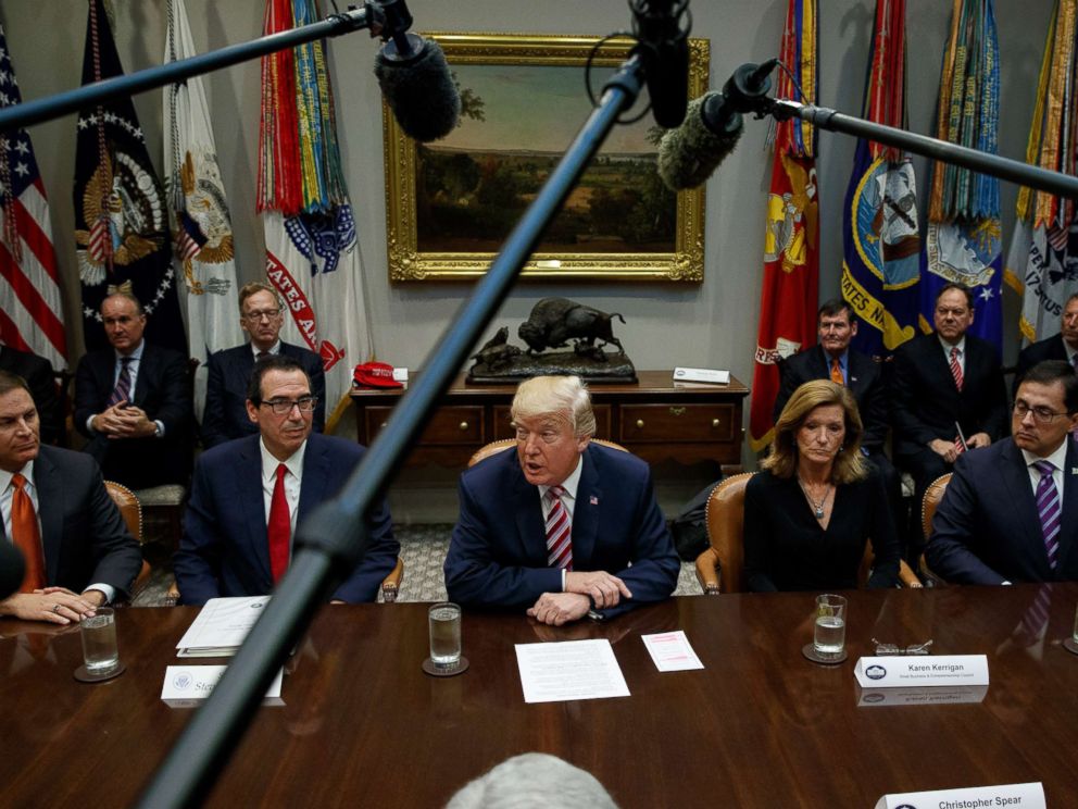 PHOTO: President Donald Trump speaks during a meeting on tax policy with business leaders in the Roosevelt Room of the White House, Oct. 31, 2017, in Washington.