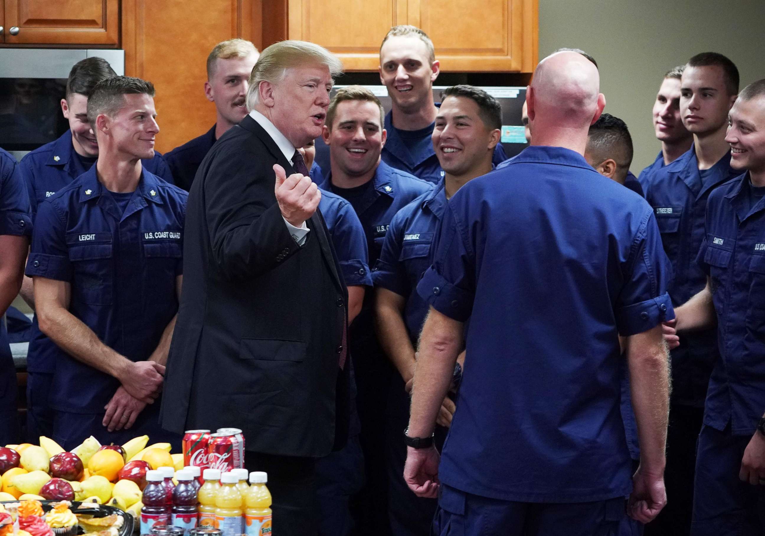 PHOTO: President Donald Trump visits with personnel at US Coast Guard Station Lake Worth Inlet in Riviera Beach, Fla., on Thanksgiving Day, Nov. 22, 2018.