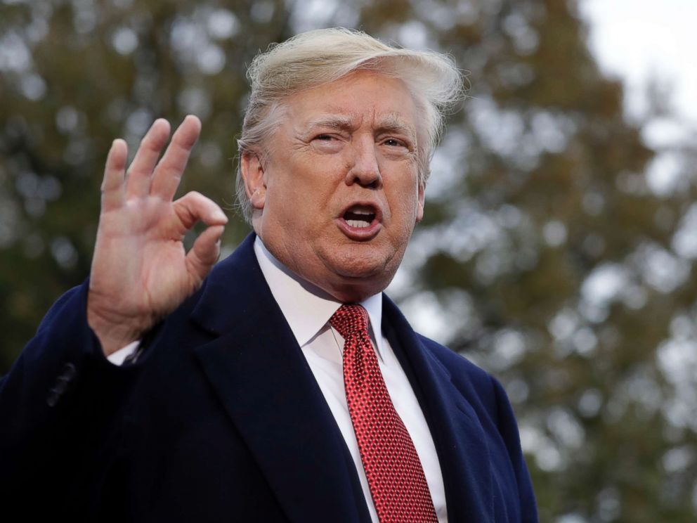 PHOTO: President Donald Trump talks to the media before boarding Marine One on the South Lawn of the White House, Nov. 9, 2018, in Washington.