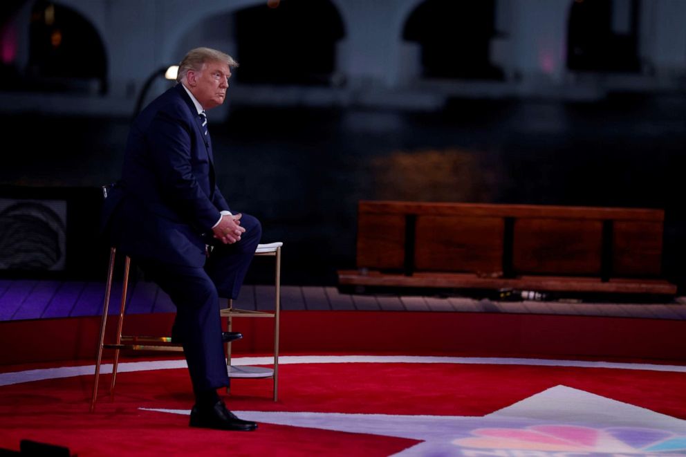 PHOTO: President Donald Trump takes part in a live one-hour NBC News town hall forum with a group of Florida voters in Miami, Oct. 15, 2020.