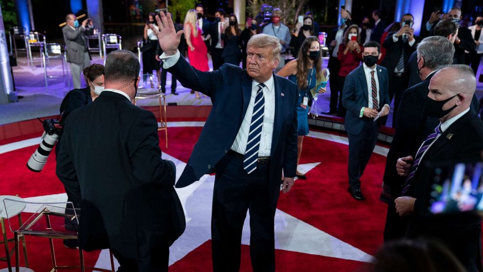 PHOTO: President Donald Trump waves after participating in an NBC News Town Hall, at Perez Art Museum Miami, Oct. 15, 2020, in Miami.