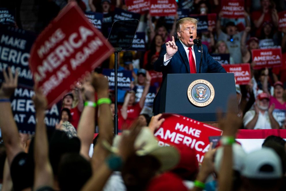 PHOTO: President Donald Trump speaks during a "Make America Great Again!" rally at the BOK Center on June 20, 2020, in Tulsa, Okla.