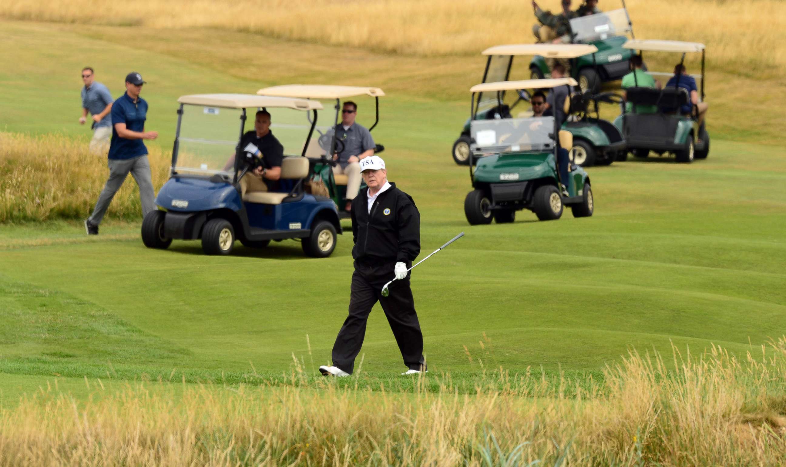 PHOTO: President Donald Trump plays the Ailsa course at his Trump Turnberry resort in South Ayrshire, July 14, 2018.