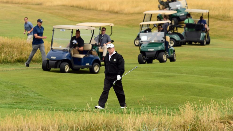 PHOTO: President Donald Trump plays the Ailsa course at his Trump Turnberry resort in South Ayrshire, July 14, 2018.