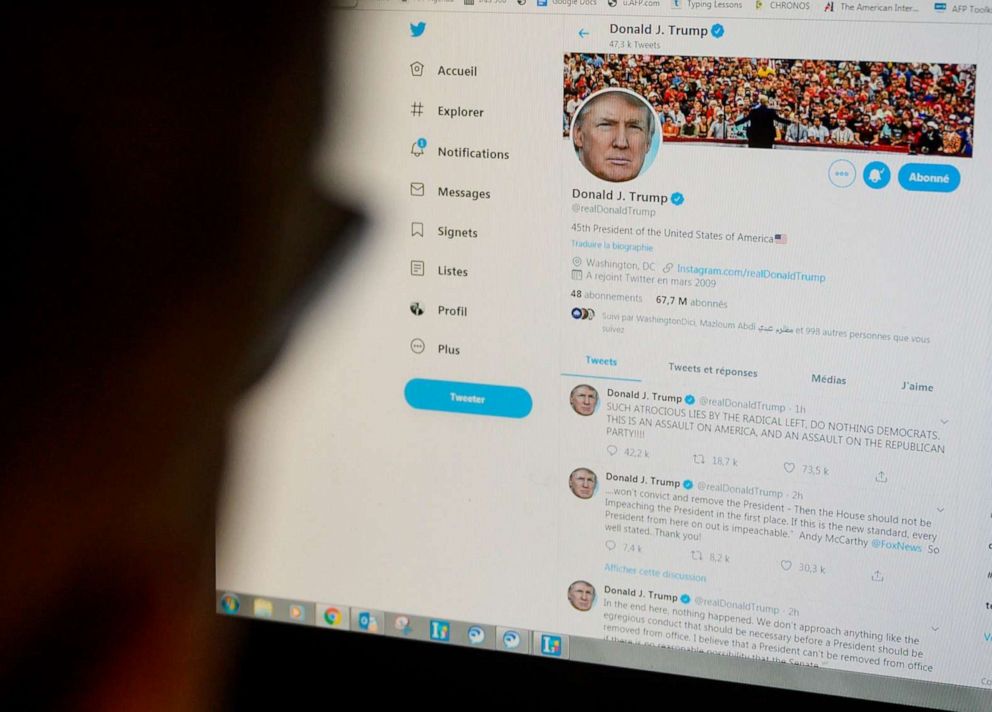 PHOTO: President Donald Trump's tweets are displayed on a computer in Washington on Dec. 18, 2019.