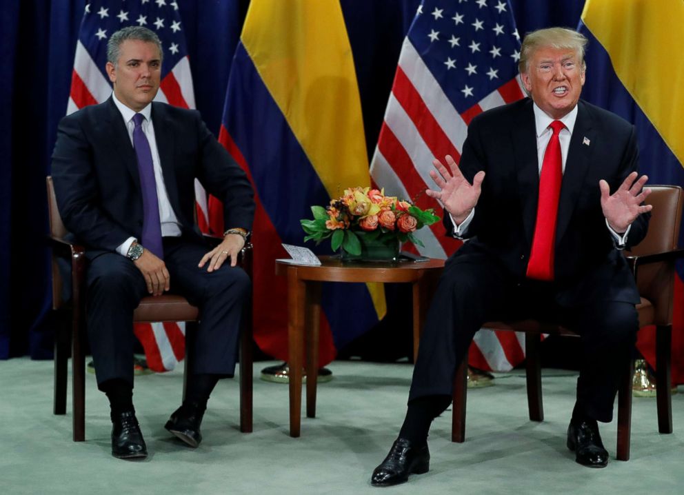 PHOTO: President Donald Trump speaks at a bilateral meeting with Colombia's President Ivan Duque during the 73rd session of the United Nations General Assembly at U.N. headquarters in New York, Sept. 25, 2018.