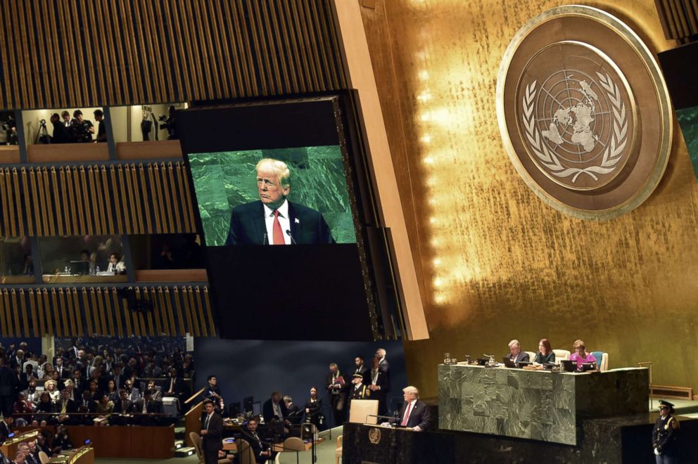 PHOTO: President Donald Trump speaks during the General Debate of the 73rd session of the General Assembly at the United Nations in New York, Sept. 25, 2018.