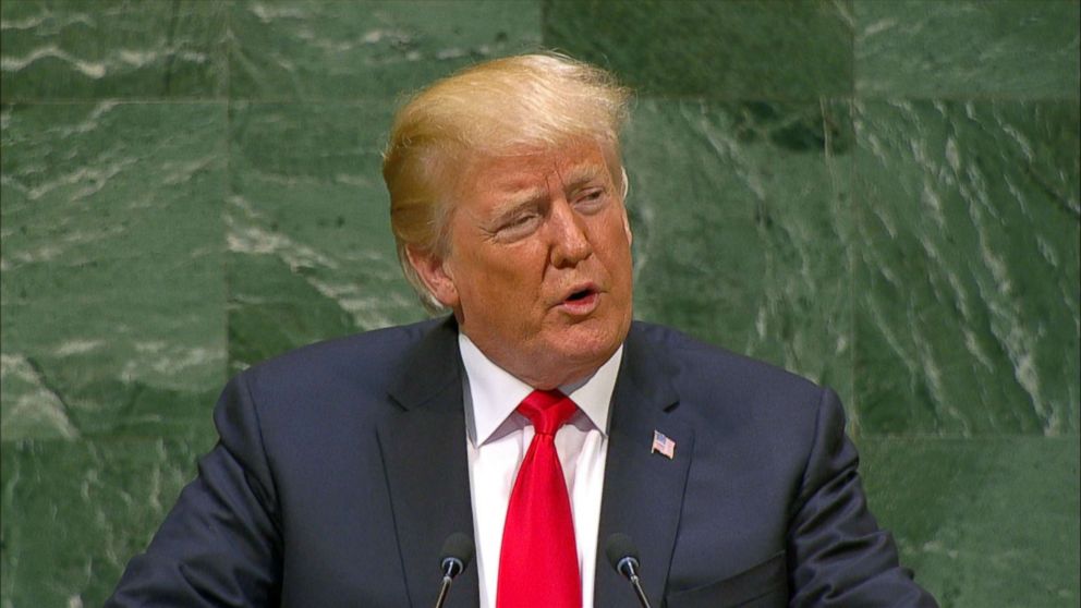 PHOTO: President Donald Trump speaks in front of the United Nations General Assembly in New York, Sept. 25, 2018.