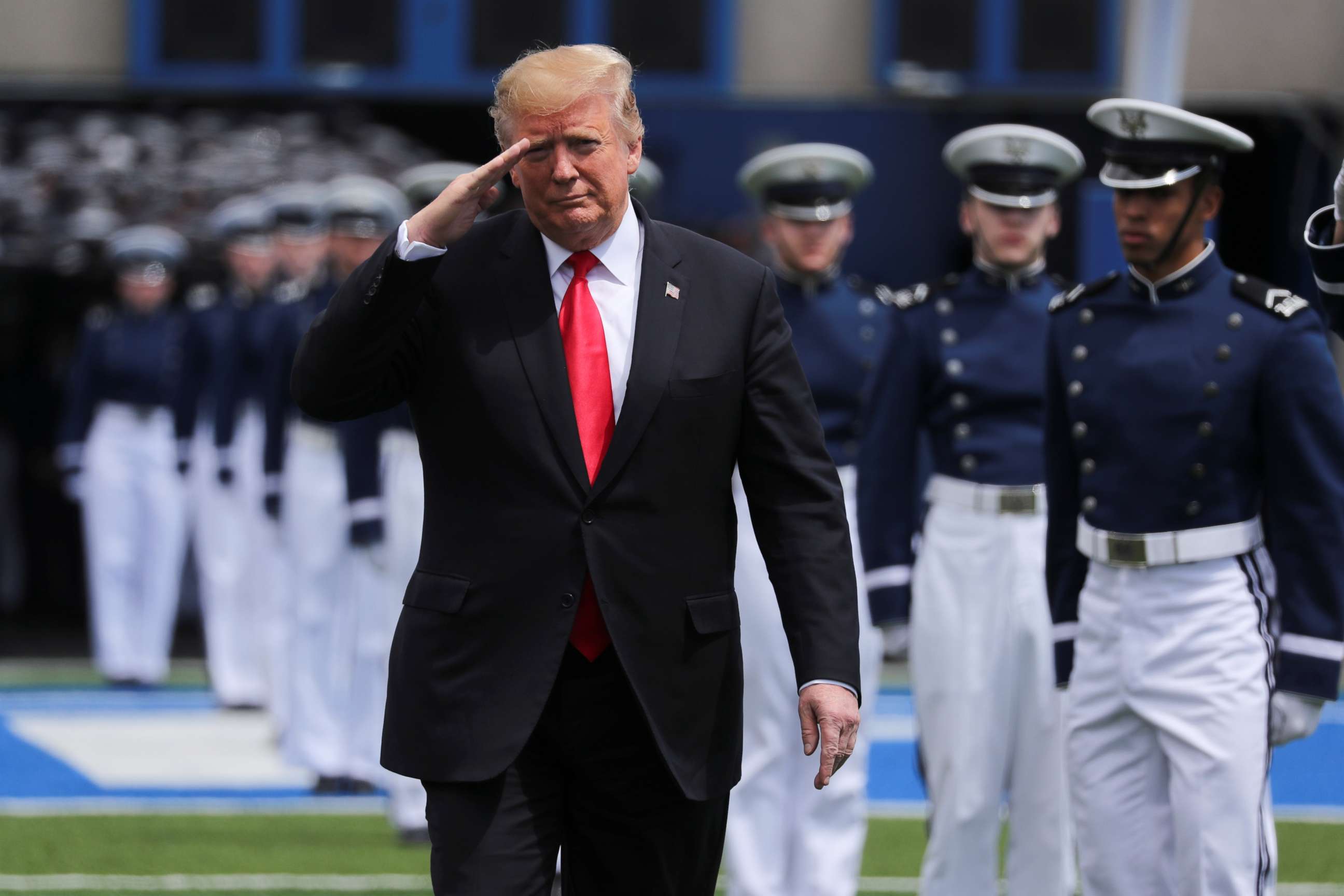 PHOTO: President Donald Trump arrives to deliver the commencement address at the U.S. Air Force Academy's graduation ceremony in Colorado Springs, Colo., May 30, 2019.
