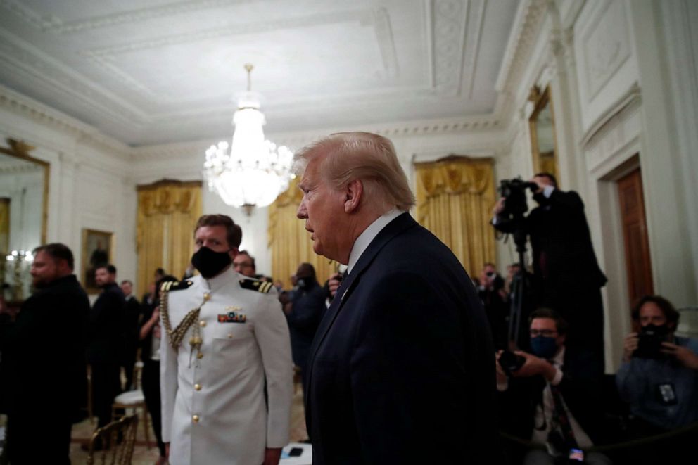 PHOTO: President Donald Trump arrives to speak about the PREVENTS "President's Roadmap to Empower Veterans and End a National Tragedy of Suicide," task force, in the East Room of the White House, June 17, 2020, in Washington.