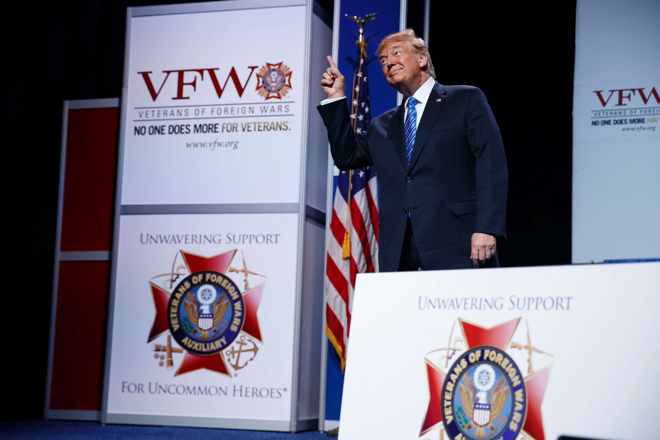 PHOTO: President Donald Trump reacts to music as he arrives to speak to the national convention of the Veterans of Foreign Wars, July 24, 2018, in Kansas City.