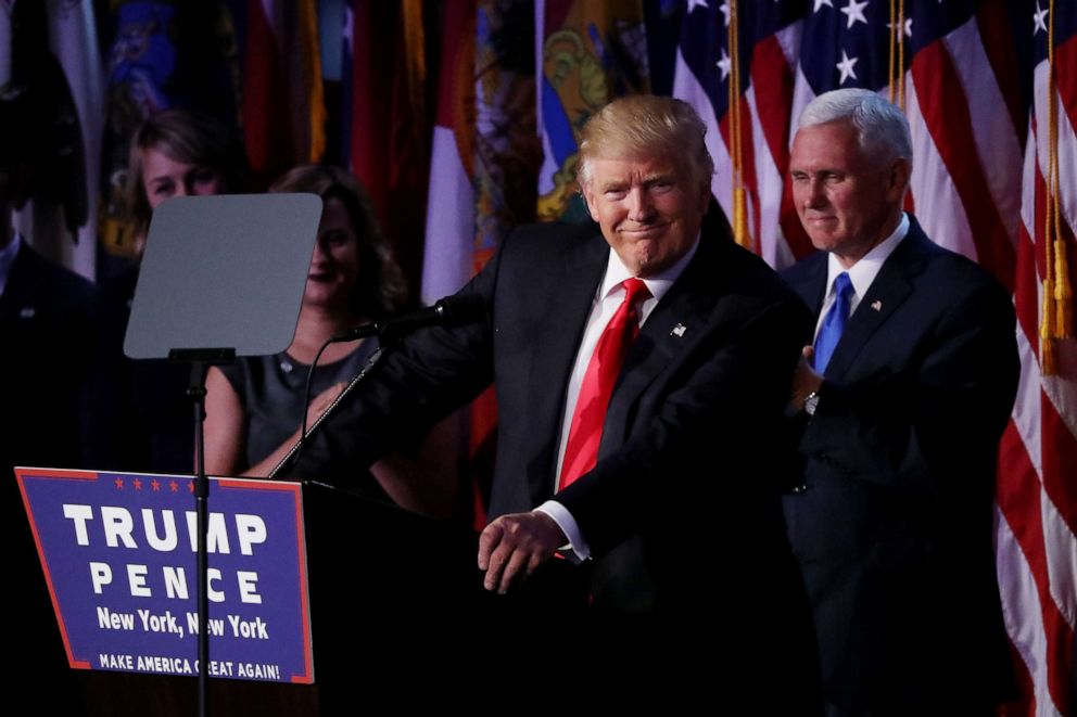 PHOTO: Republican president-elect Donald Trump delivers his acceptance speech during his election night event at the New York Hilton Midtown in the early morning hours of Nov. 9, 2016, in New York.