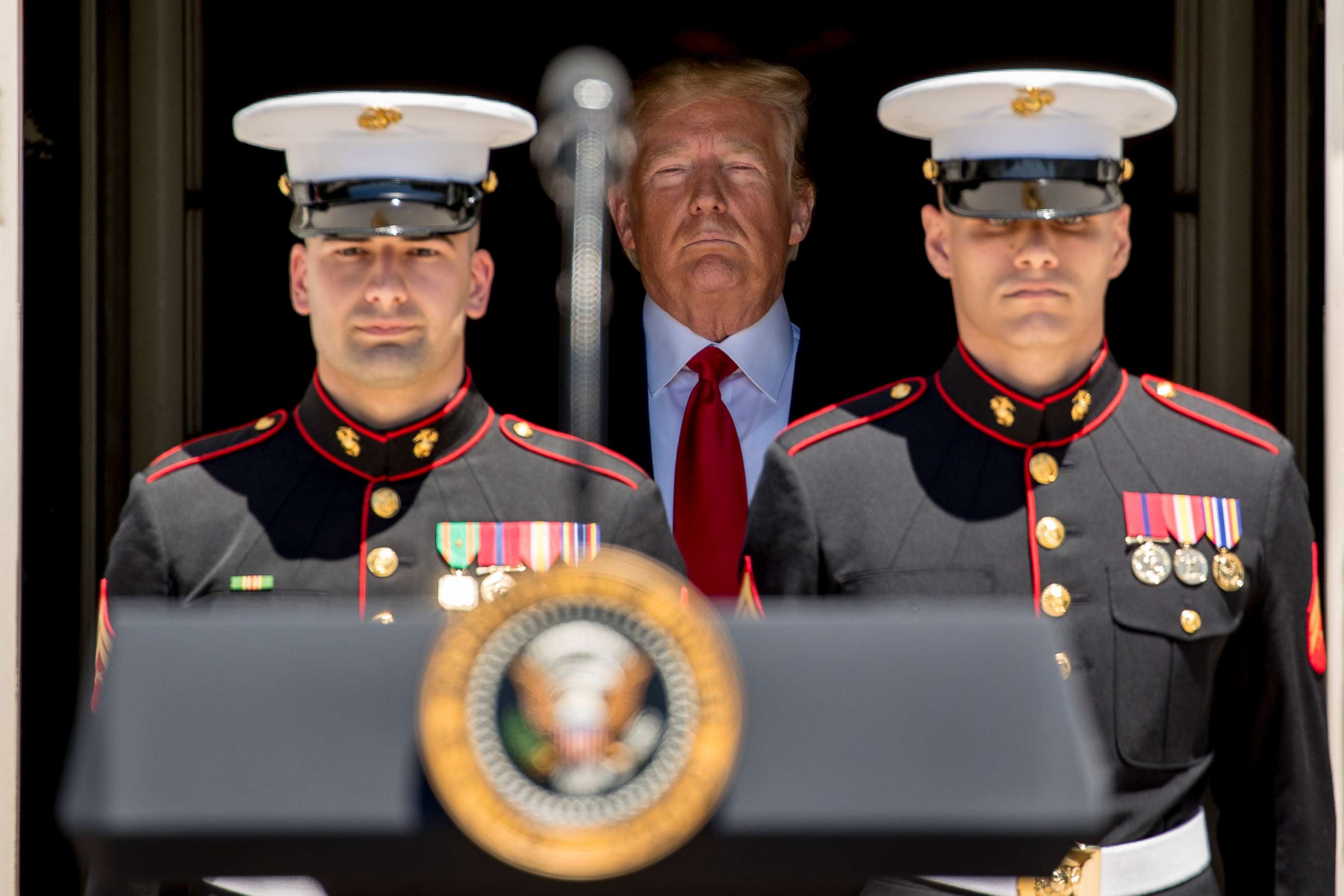 PHOTO: President Donald Trump arrives at a Made in America showcase on the South Lawn of the White House in Washington, July 15, 2019.