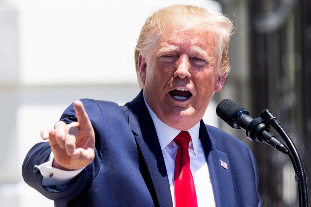 PHOTO: President Donald Trump delivers remarks during the third annual 'Made in America' product showcase on the South Lawn of the White House in Washington, July 15, 2019.