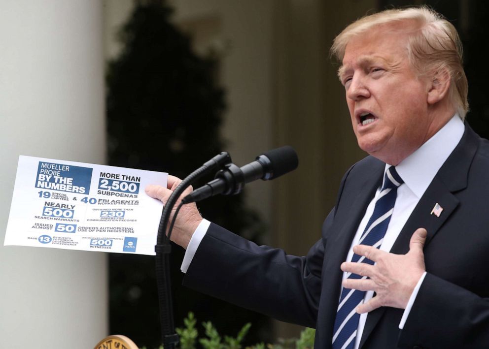 PHOTO: President Donald Trump speaks about Robert Mueller's investigation in the Rose Garden at the White House, May 22, 2019, in Washington.