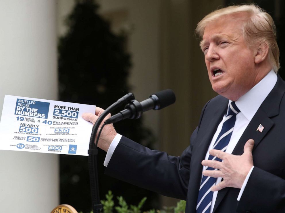 PHOTO: President Donald Trump speaks about Robert Mueller's investigation in the Rose Garden at the White House, May 22, 2019, in Washington.