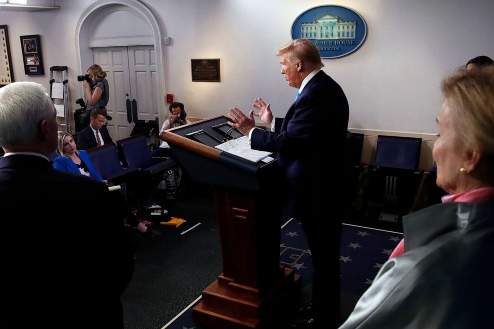 PHOTO: President Donald Trump speaks about the coronavirus in the James Brady Press Briefing Room of the White House, April 7, 2020, in Washington.