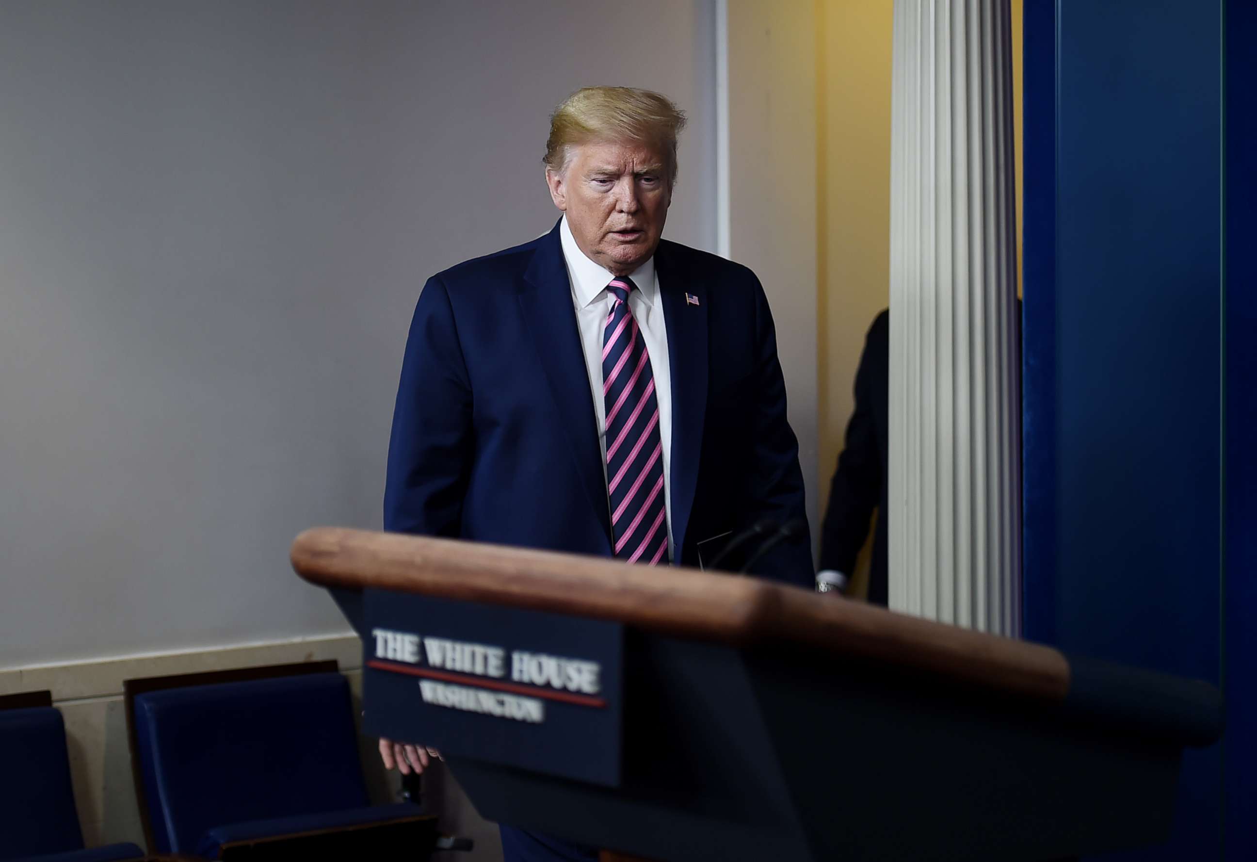 PHOTO: President Donald Trump looks on during the daily briefing on the novel coronavirus in the Brady Briefing Room of the White House on April 24, 2020, in Washington.
