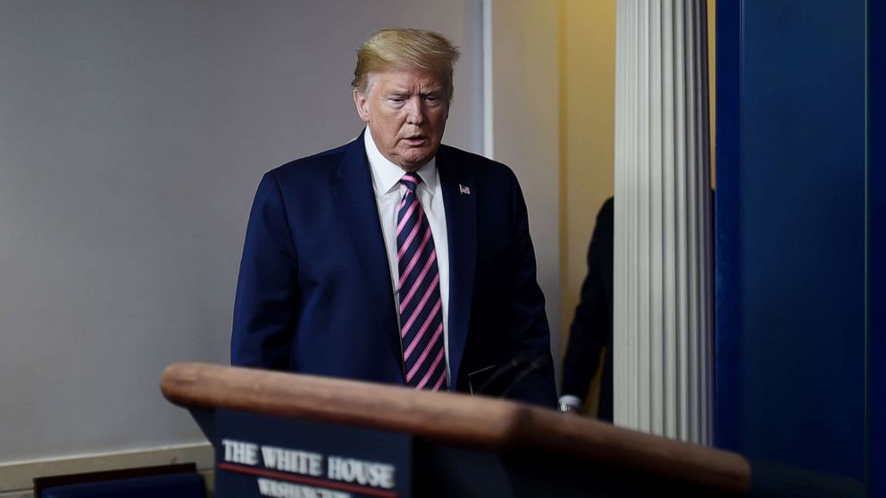 PHOTO: President Donald Trump looks on during the daily briefing on the novel coronavirus in the Brady Briefing Room of the White House on April 24, 2020, in Washington.