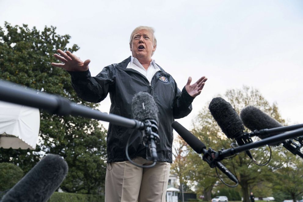 PHOTO: President Donald Trump speaks to the media before departing the White House for California, Nov. 17, 2018 in Washington.