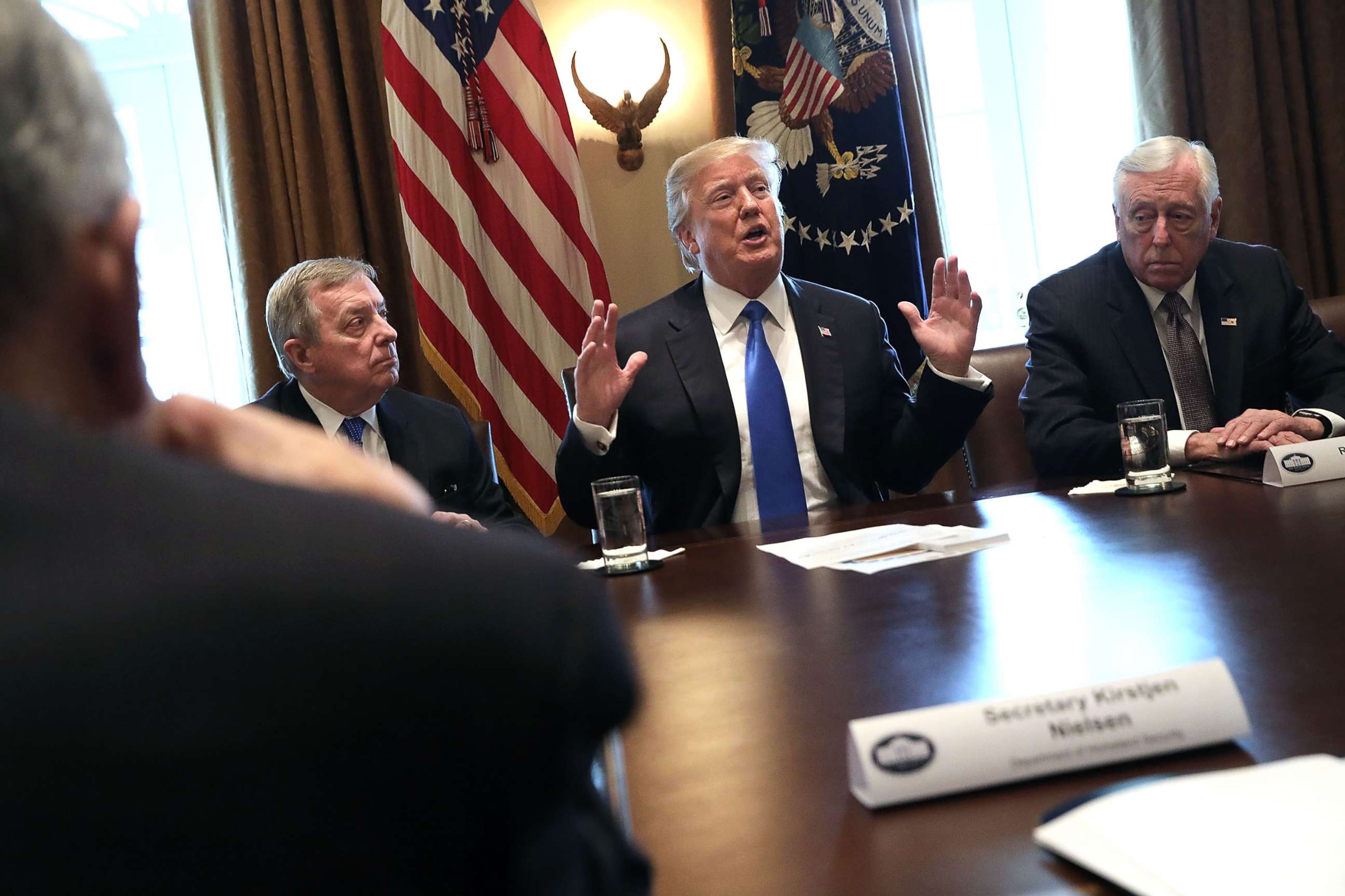 PHOTO: President Donald Trump (C) presides over a meeting about immigration with Republican and Democrat members of Congress, Jan. 9, 2018, in Washington.