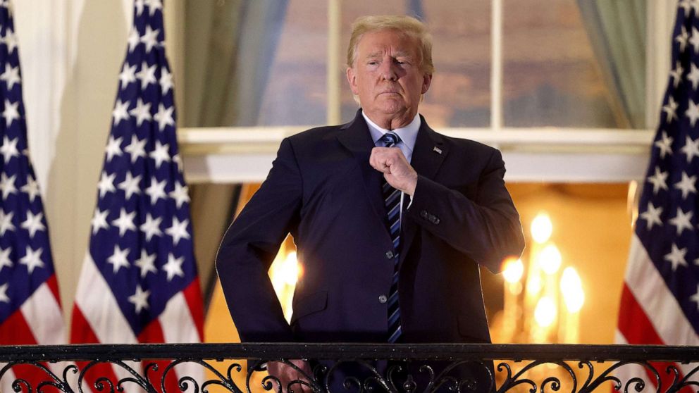 PHOTO: President Donald Trump gestures on the South Portico after returning to the White House from Walter Reed National Military Medical Center on Oct. 5, 2020, in Washington.