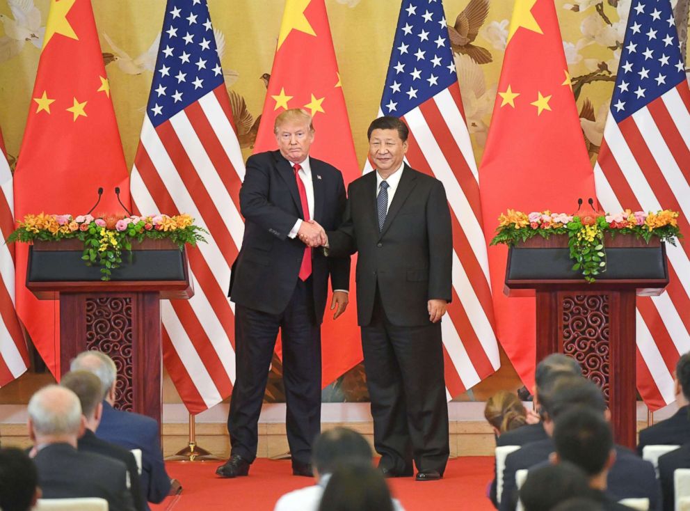 PHOTO: U.S. President Donald Trump and Chinese President Xi Jinping shake hands at a joint news conference held after their meeting in Beijing, Nov. 9, 2017. 