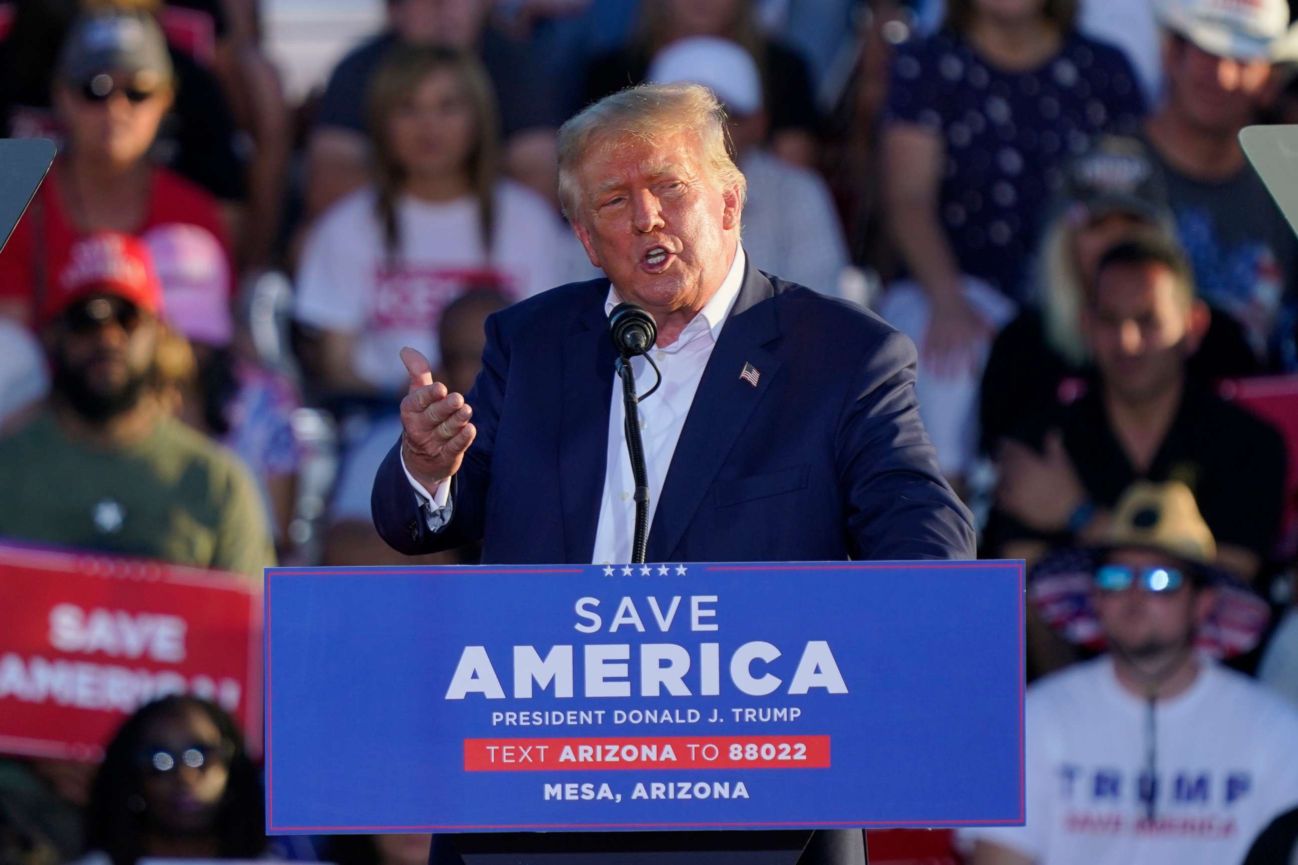 PHOTO: Former President Donald Trump speaks at a rally, Oct. 9, 2022, in Mesa, Ariz.