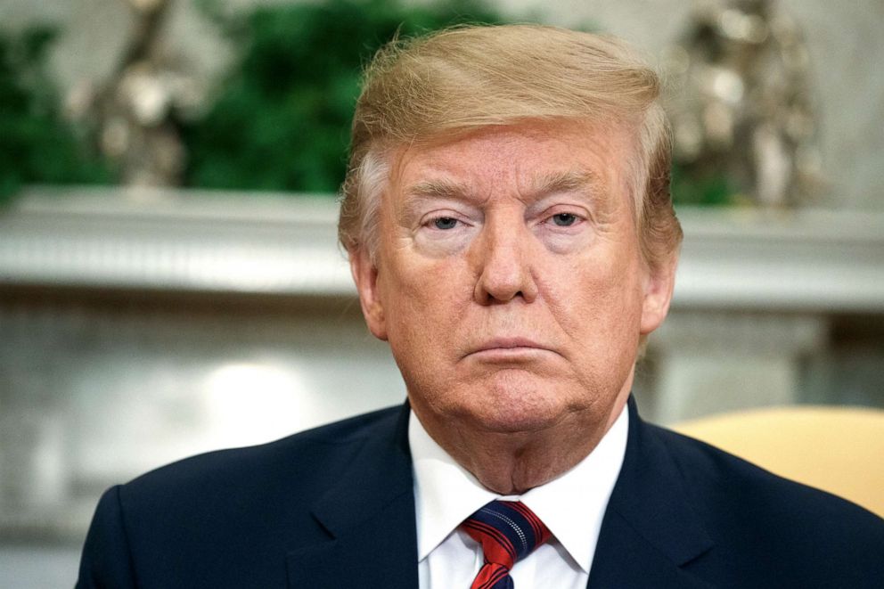 PHOTO: President Donald Trump listens to South Korean President Moon Jae-in speak during a meeting in the Oval Office of the White House, Thursday, April 11, 2019, in Washington.