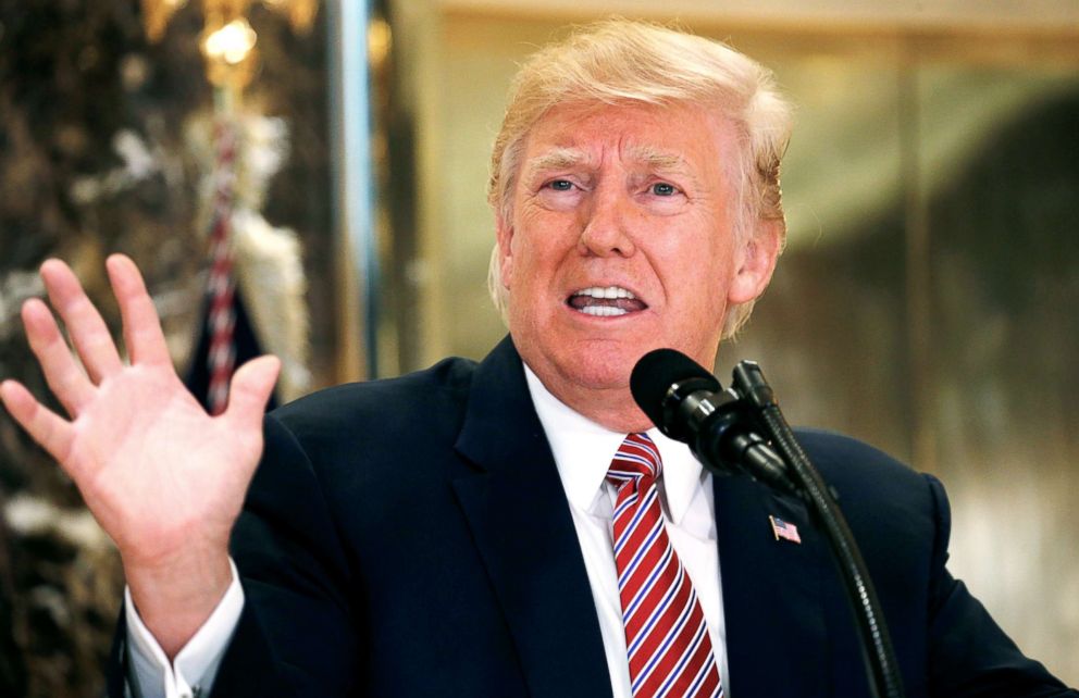 PHOTO: President Donald Trump speaks about the violence, injuries and deaths at the "Unite the Right" rally in Charlottesville, Va., at Trump Tower, New York on Aug. 15, 2017.  