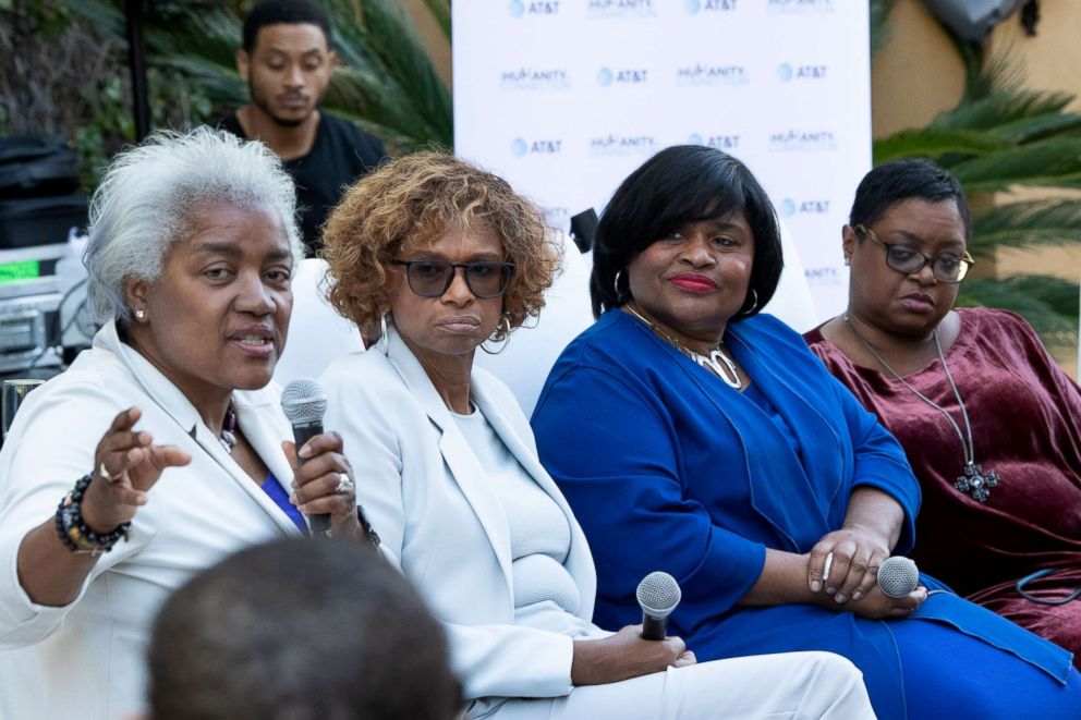 PHOTO: Authors, from left, Donna Brazile, Yolanda Caraway, Minyon Moore and Leah Daughtry speak at "For Colored Girls Who Have Considered Politics" book signing, Dec. 15, 2018, in Woodland Hills, Cali.